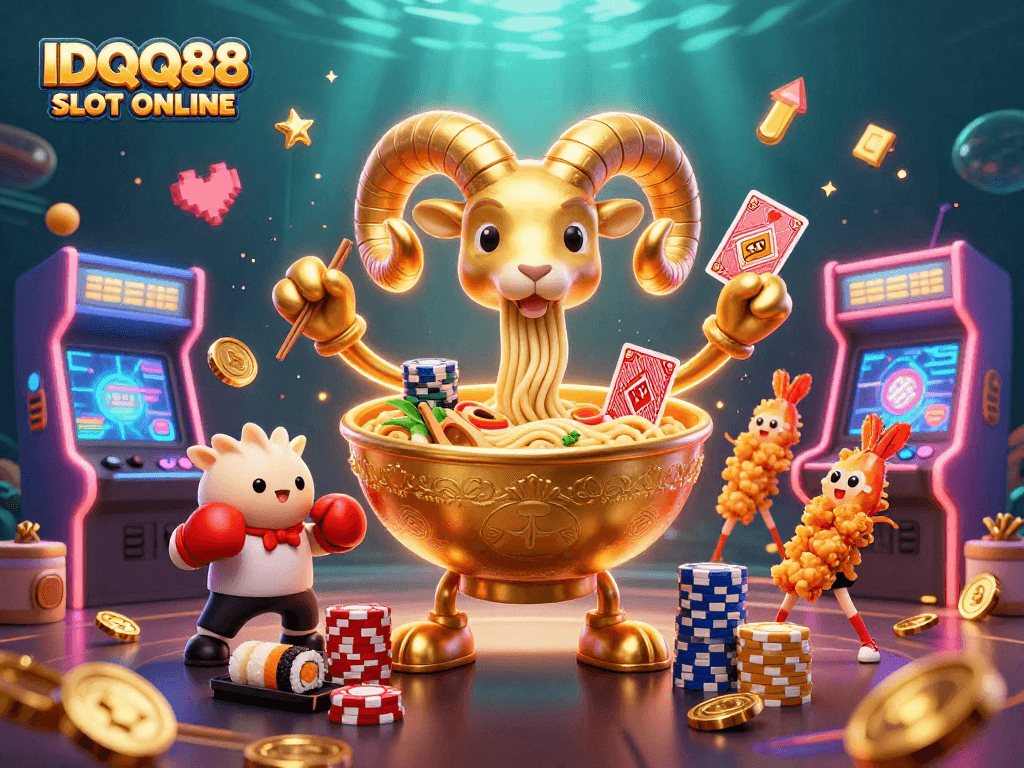 Experience the excitement of IDQQ88 SLOT ONLINE with vibrant characters and game elements in a dynamic illustration.