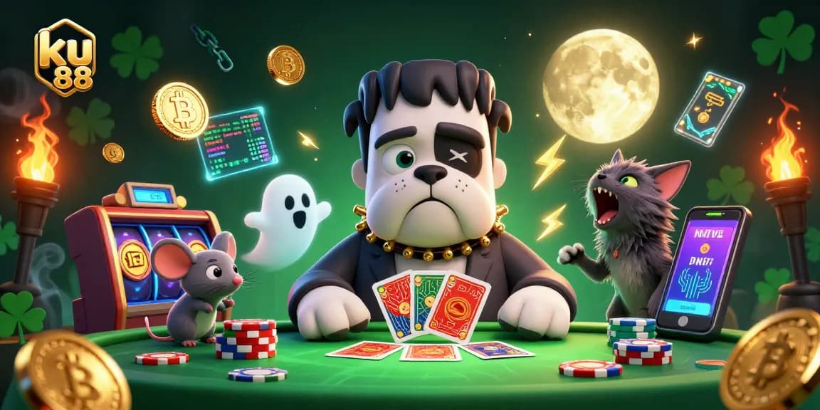 Engage with ku 88 at a lively casino scene featuring a Frankenstein bulldog and friends.