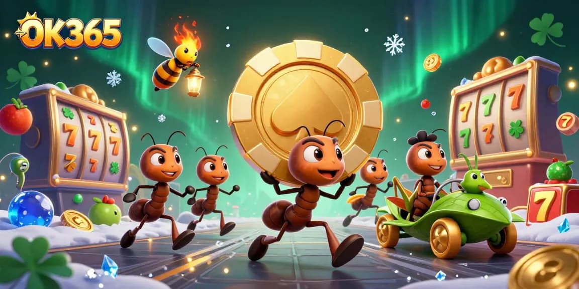 Engage in thrilling gaming adventures at OK365 with a colorful 3D heist scene featuring playful ants!