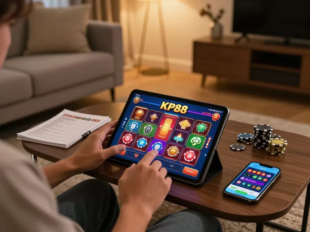 Engaging user plays KP88 on tablet showcasing vibrant casino games environment.
