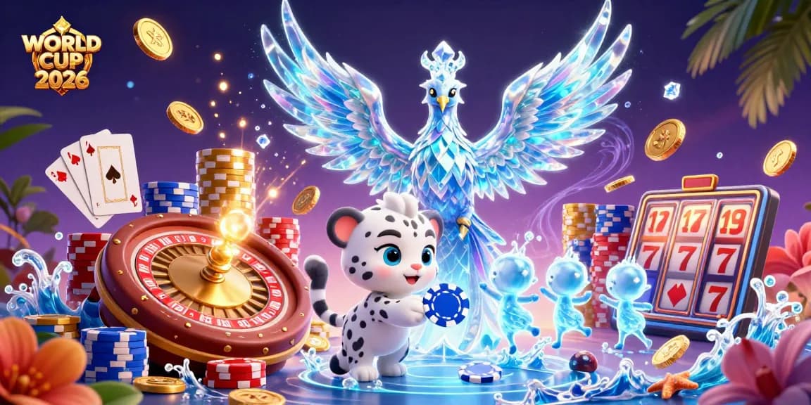 Experience vibrant gaming fun with WORLD CUP 2026 illustration of an ice phoenix and snow leopard in a casino