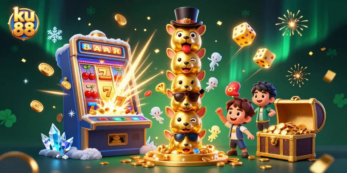 Experience the excitement of ku 88 with a vibrant 3D casino scene filled with winning symbols and dynamic elements.