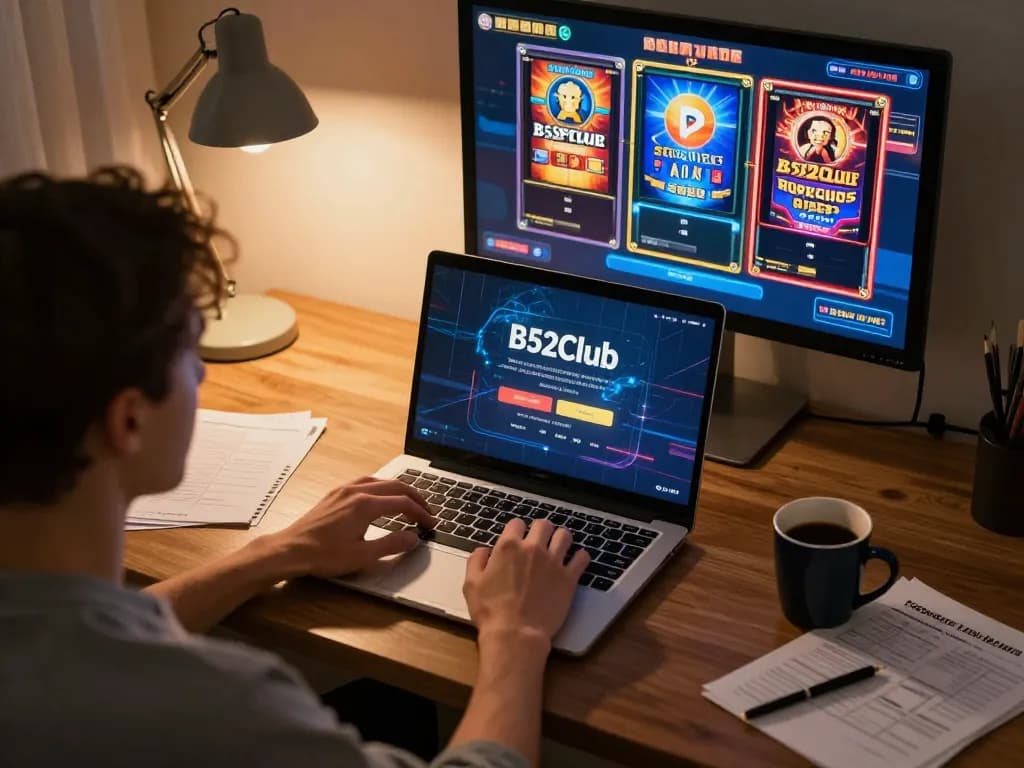 B52Club user engaging in online gaming with slot machines and poker on laptop, showcasing a strategic setup.