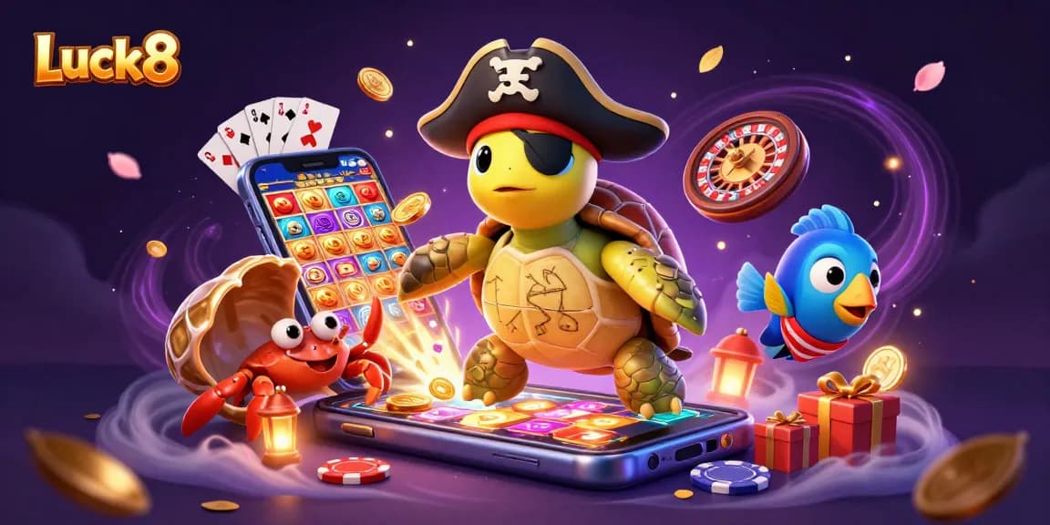 Engage with Luck8's exciting gaming world featuring vibrant illustrations of marine characters and dynamic casino elements.