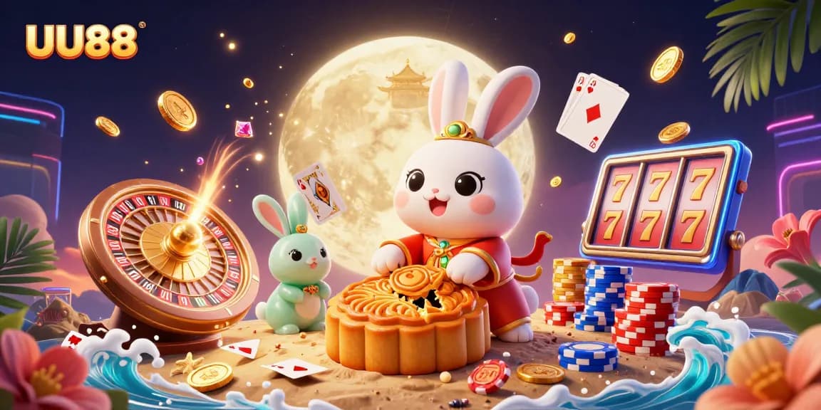 Experience thrilling gaming with UU88's moon rabbit illustration showcasing slots, poker chips, and vibrant casino elements.