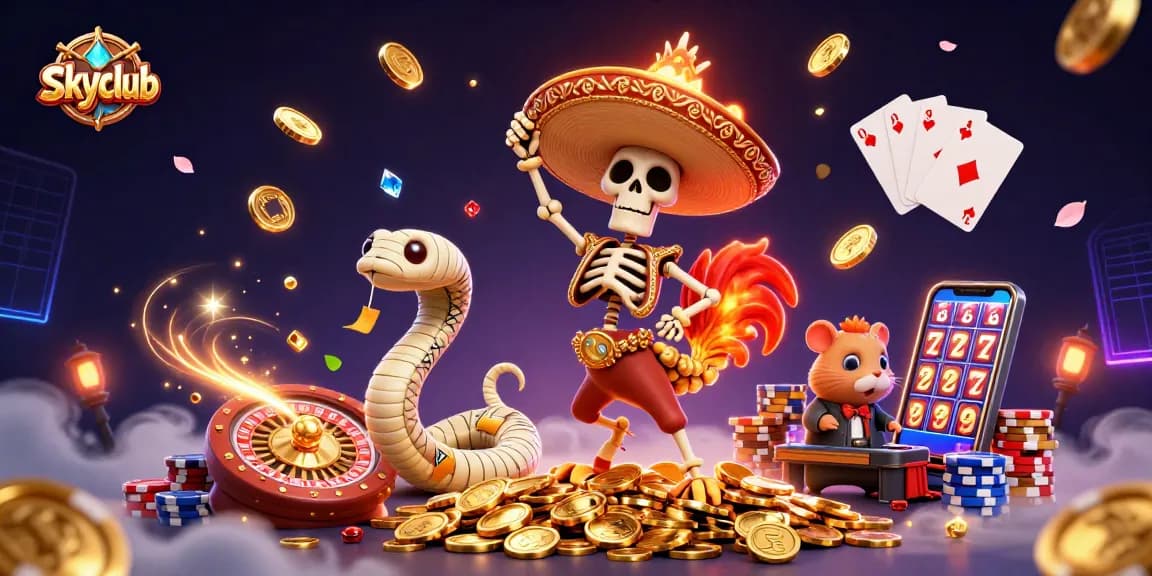 Experience thrilling gaming at skyclub with exciting casino games, vibrant characters, and winning action.