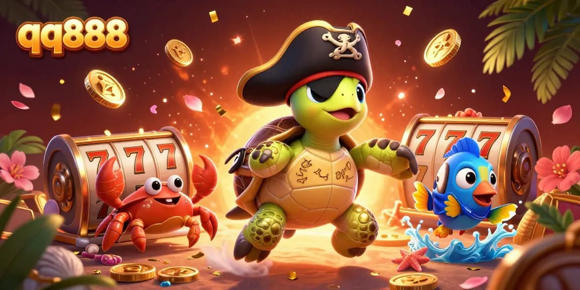 Engage with thrilling slot games at qq888 featuring a pirate turtle, crab, and parrotfish.