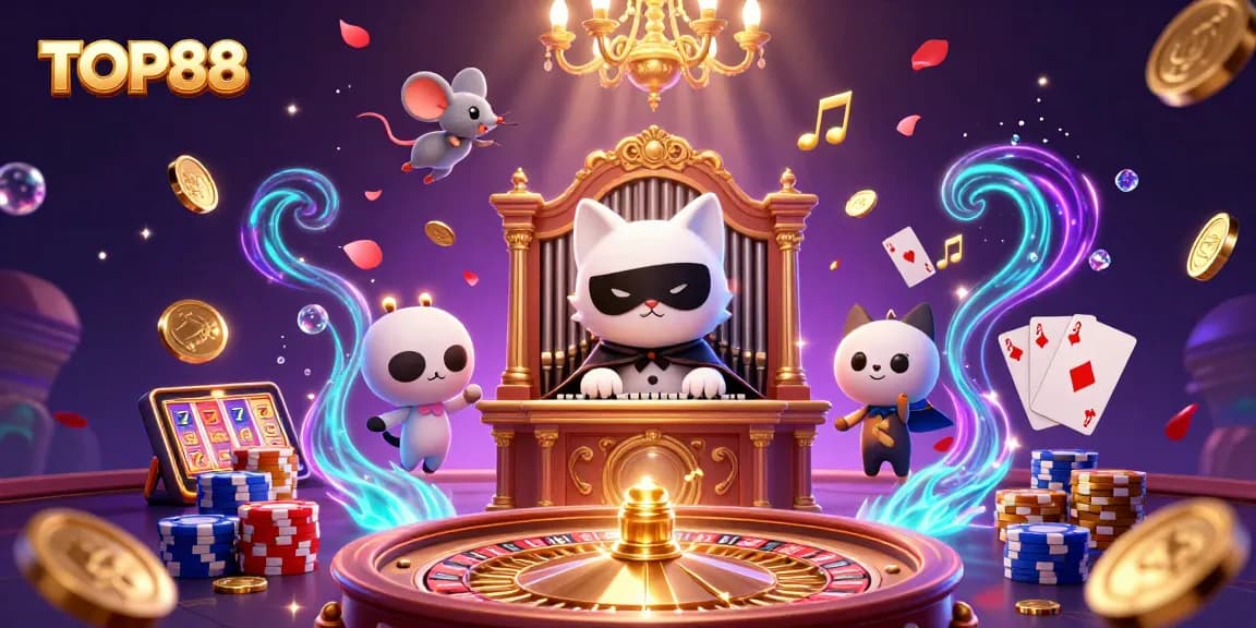 Engage with the magical world of TOP88 casino featuring a whimsical cat and mouse acrobats amidst cascading coins.