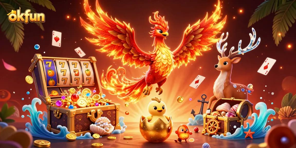 Experience the thrill of okfun with engaging slot reels and a vibrant phoenix scene.