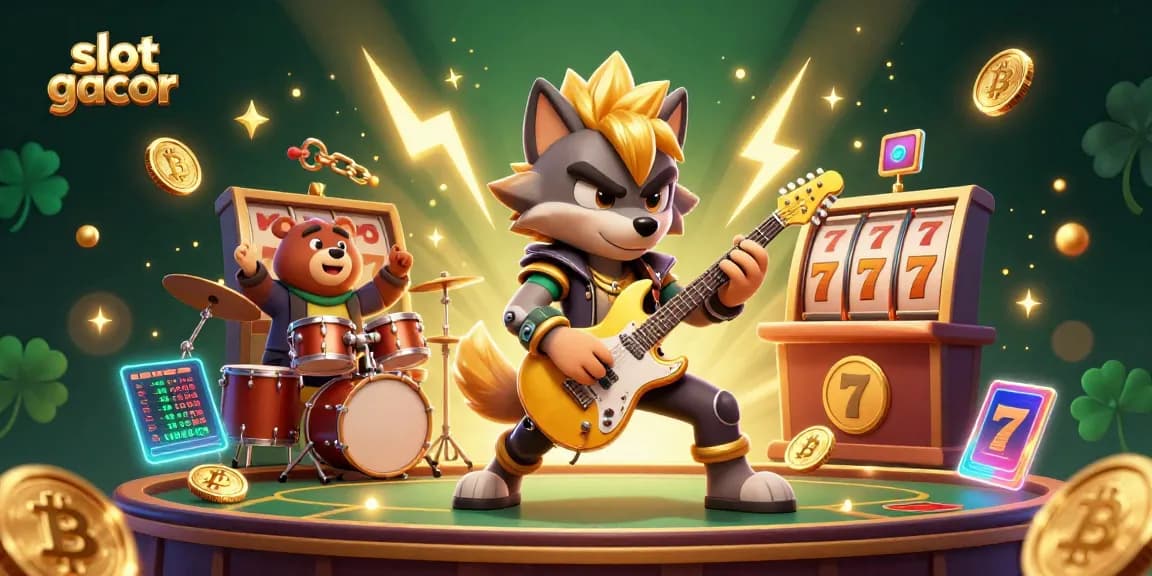 Engage with slot gacor activities alongside a cartoon rock star wolf in a vibrant casino setting.