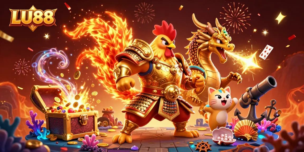 LU88 showcases a dynamic scene of a rooster warrior and dragon hatchling in a casino-themed explosion of gold and gems.