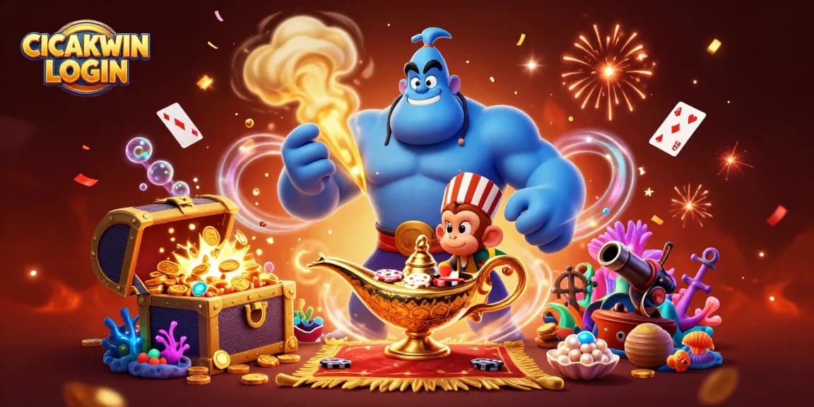 CICAKWIN LOGIN showcases a vibrant scene with a muscular genie, monkey, and cards amidst gold and gems, celebrating casino wins.