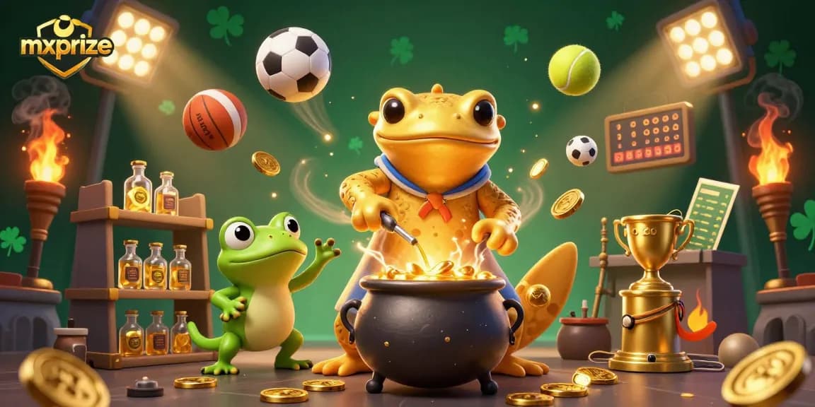 Experience the excitement of mxprize with this vibrant gaming scene filled with golden alchemy and sports elements.