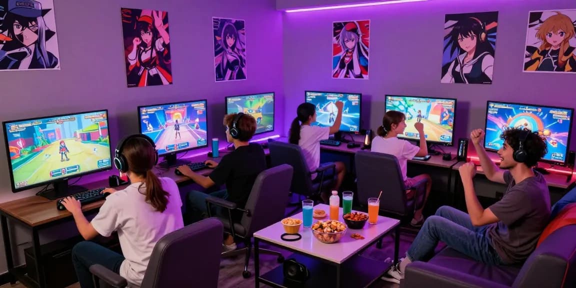 Group enjoying an ecchi simulator game in a vibrant gaming lounge with ambient lighting.