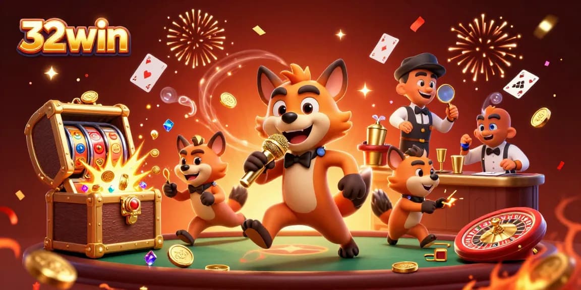 Experience thrilling moments at 32win with cartoon hyenas running a vibrant casino.