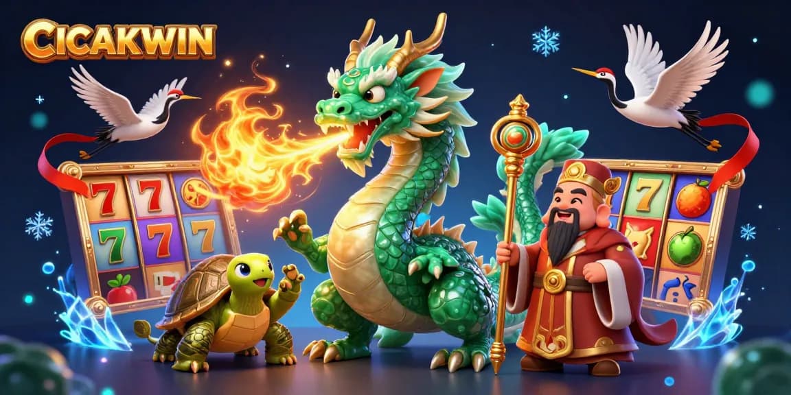 CICAKWIN showcases a dragon, turtle sage, and cranes in a vibrant slot gaming scene with colorful reels and lucky symbols.