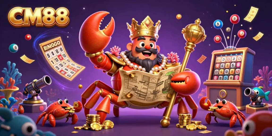 Engage with CM88's exciting fishing shooting game, featuring a giant crab emperor amidst vibrant underwater casino elements.