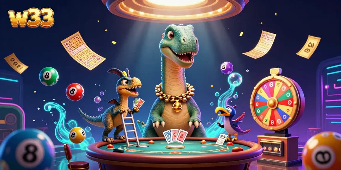 Play thrilling games at w33 with a vibrant casino scene featuring fantastic characters.