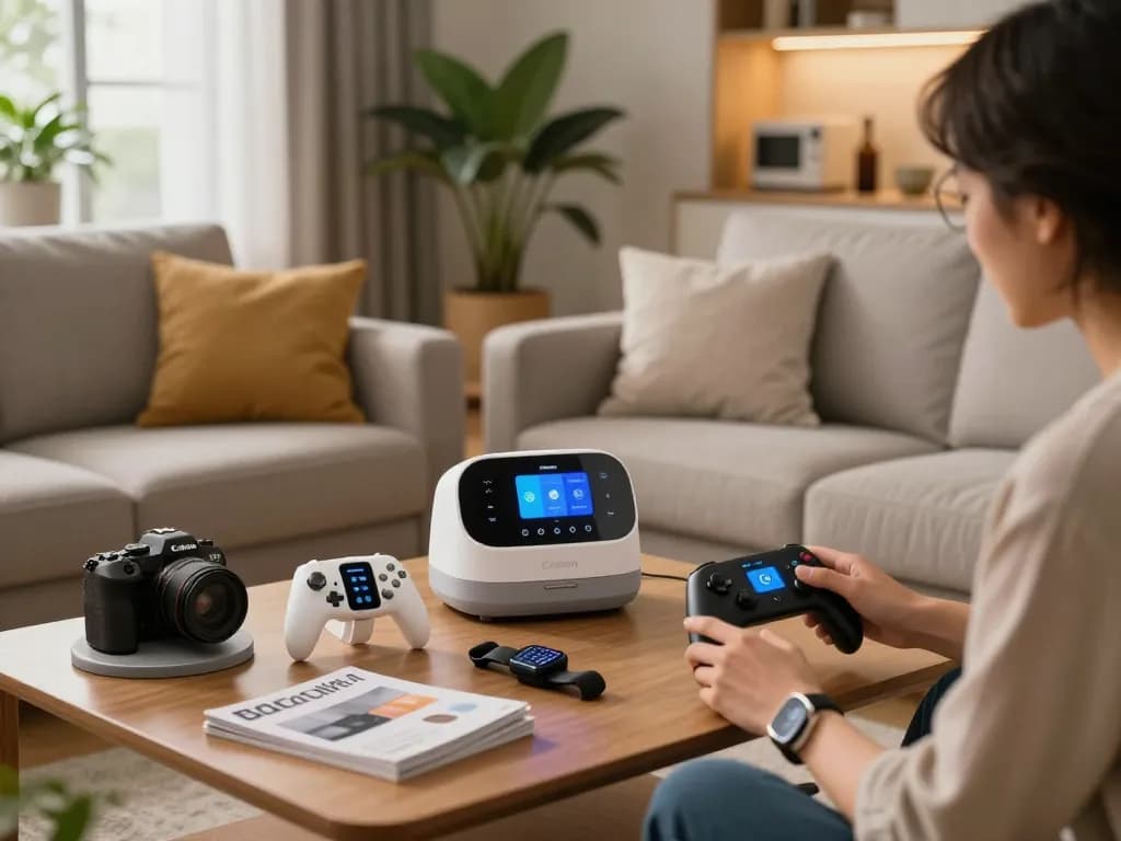 Showcasing unique tech gadgets like Bluetooth controllers and smartwatches in a cozy living room.