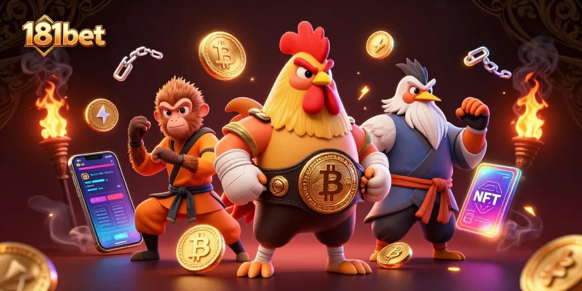 Experience thrilling action with 181bet's Muay Thai rooster and Shaolin monkey amidst vibrant crypto elements.