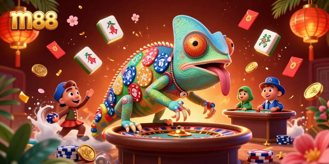 Experience the vibrant energy of m88 with a colorful chameleon casino owner amid lively gaming elements.