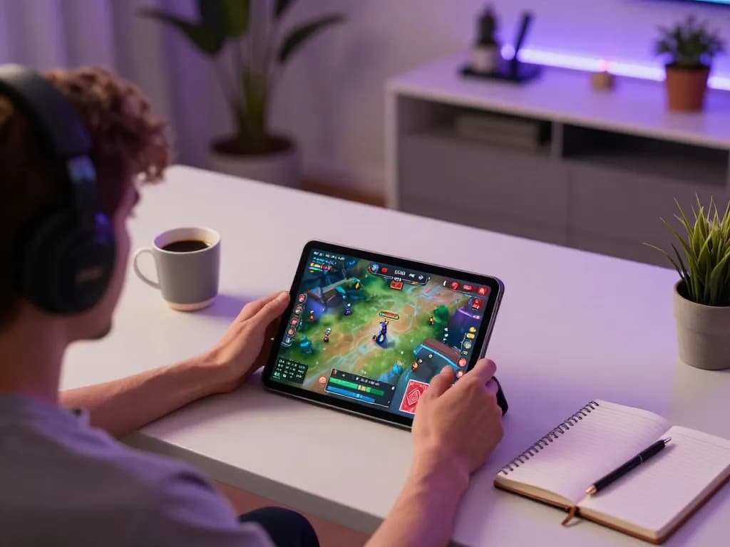 Engaging in game bài on a tablet while strategizing in a cozy online gaming setup