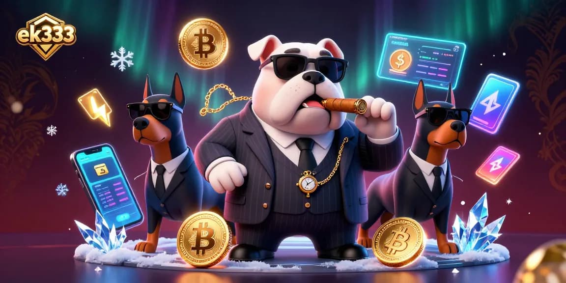 Engaging players at ek333 with a dynamic 3D illustration of a mafia bulldog and Dobermans amid neon crypto coins.