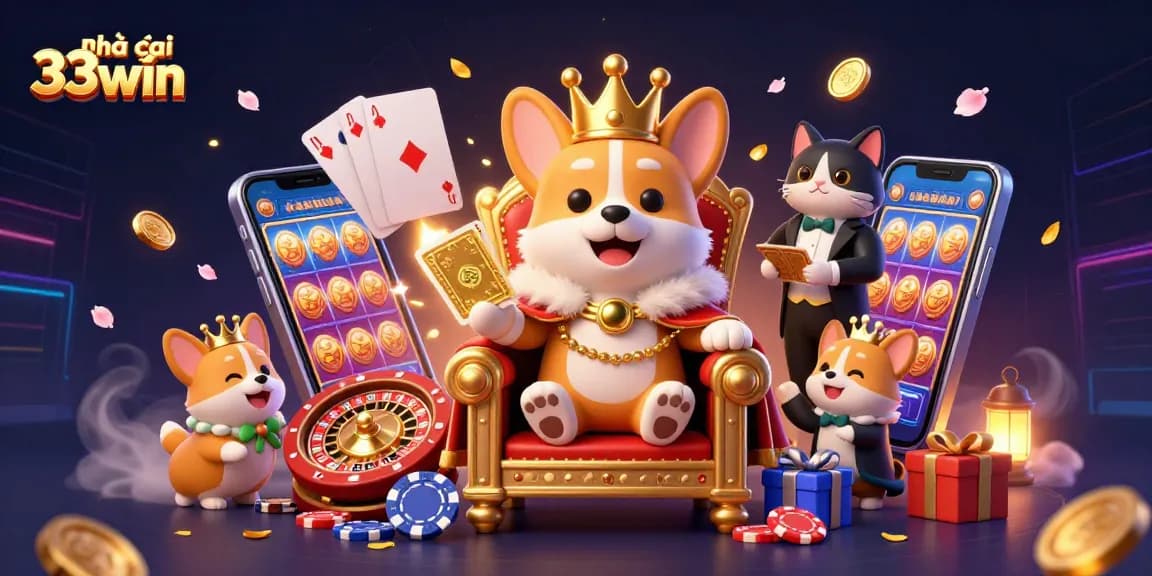 Experience the vibrancy of nhà cái 33win with a lively 3D casino scene featuring royal corgis, golden cards, and slot games.