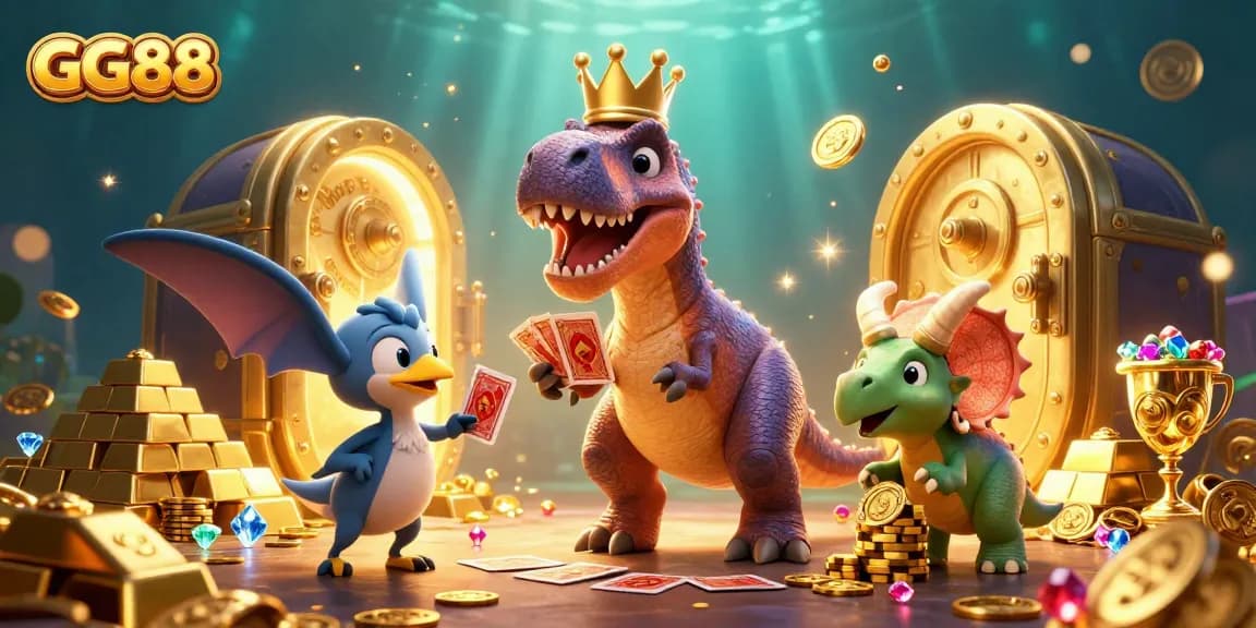 Engage in thrilling gameplay with GG88 as a T-Rex card player stacks golden casino chips.