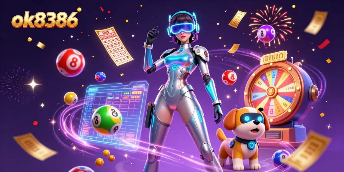 Experience the thrilling excitement of ok8386 with vibrant lottery elements and a futuristic atmosphere.