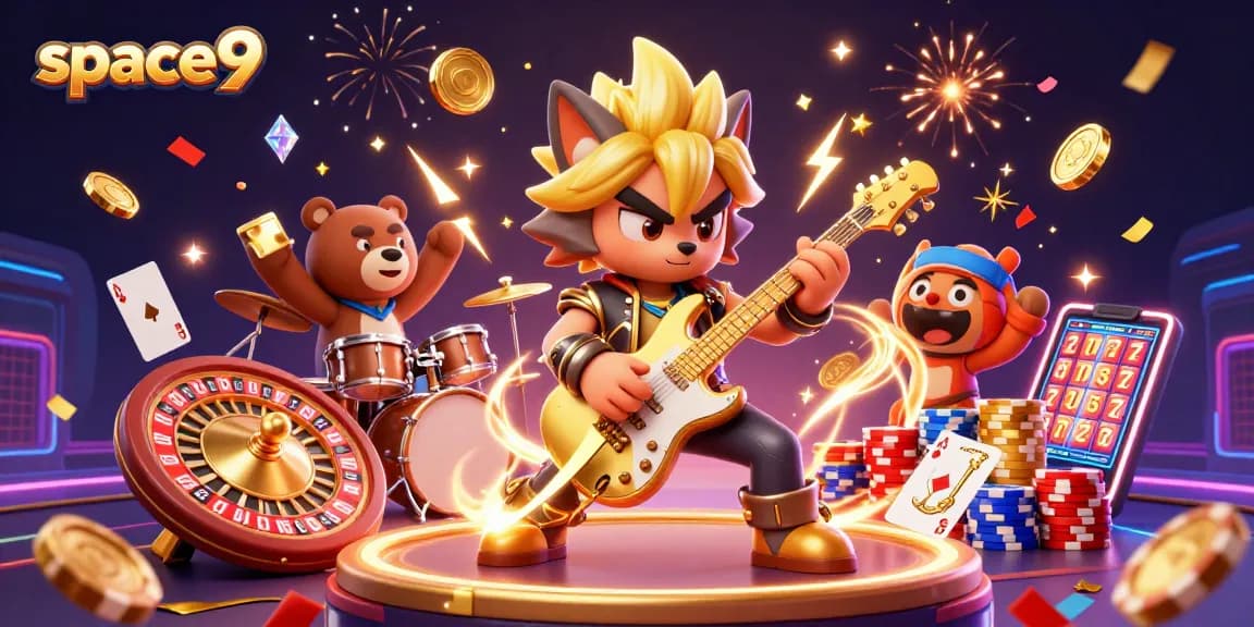Spin the reels at space9 while golden gems and coins cascade around a rock star wolf and drummer bear.