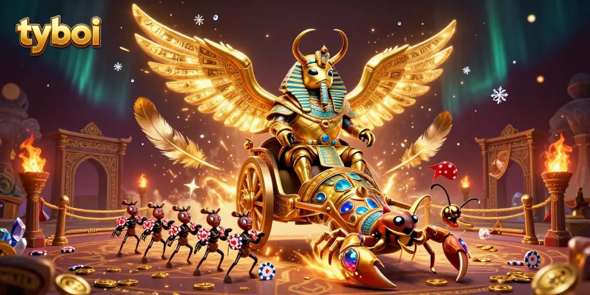 Play exciting games at tyboi with colossal scarabs and scorpions in a vibrant casino scene.