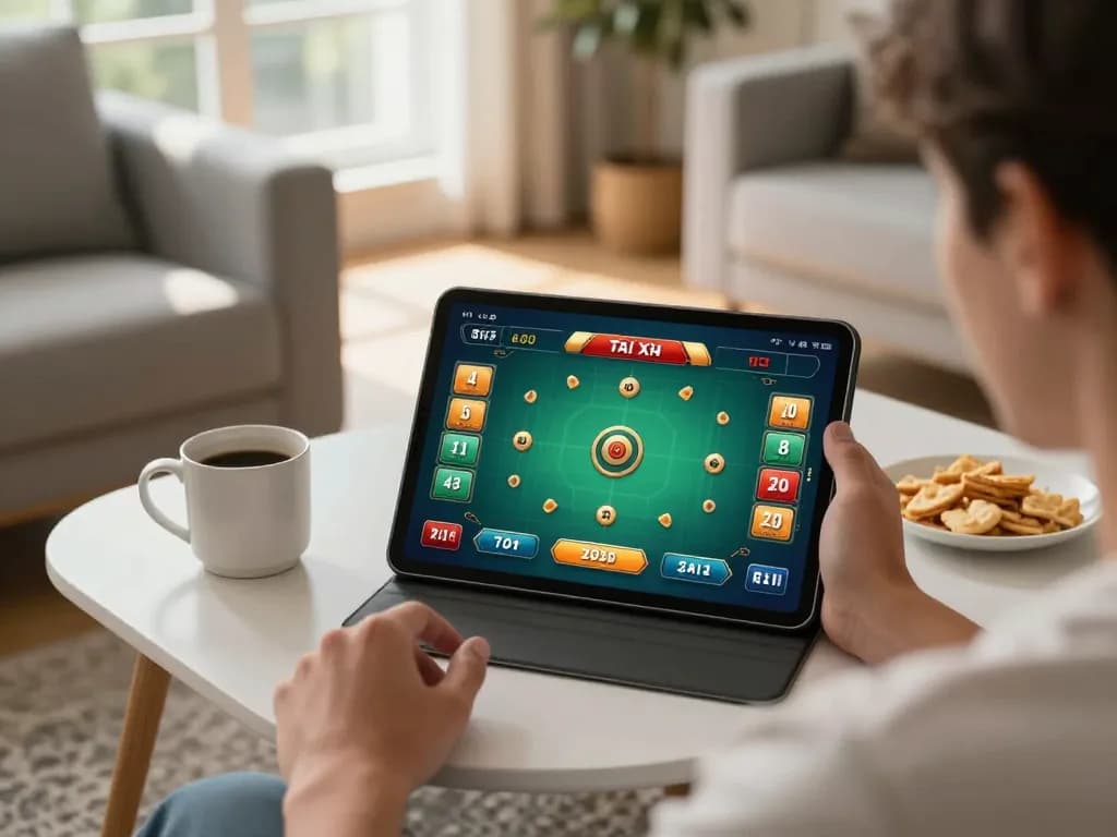 Engaging in Tài Xỉu online gaming on taixiuonlinego with interactive tablet interface and cozy atmosphere