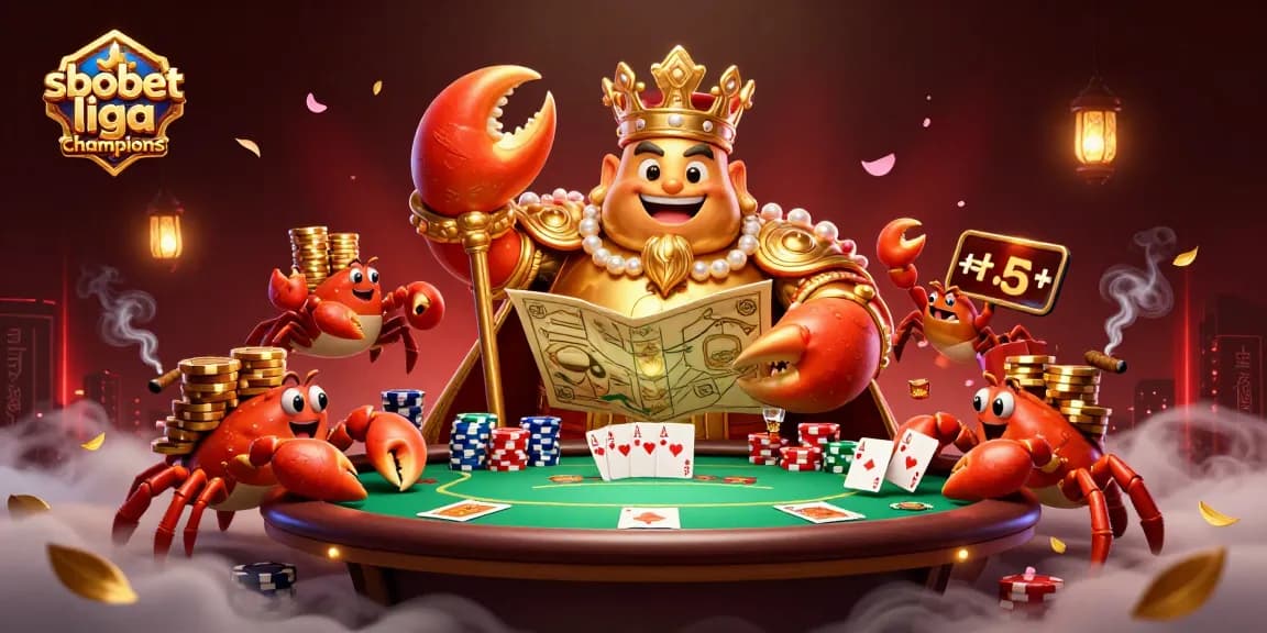 Engage with sbobet liga champions through this vibrant 3D illustration of a golden crab emperor and poker elements.
