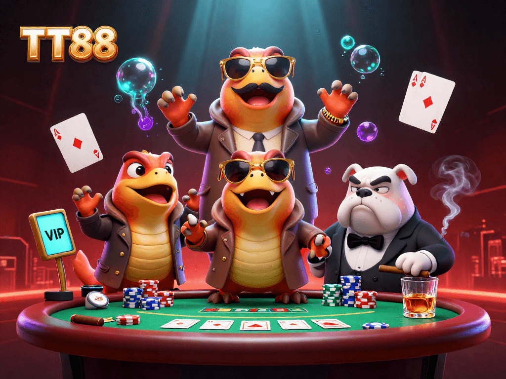 TT88 raptors trying to enter a VIP casino lounge with poker elements creating a lively atmosphere