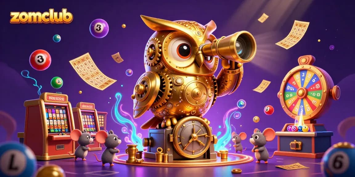 Zomclub offers a vibrant casino experience with gold owl overseeing dynamic slot games and lively lottery elements.