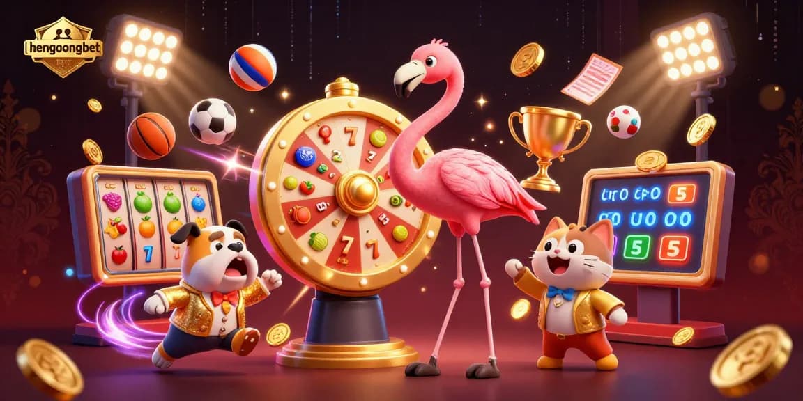 Engage with hengongbet's vibrant casino scene showcasing thrilling gameplay, jackpots, and gold coins.
