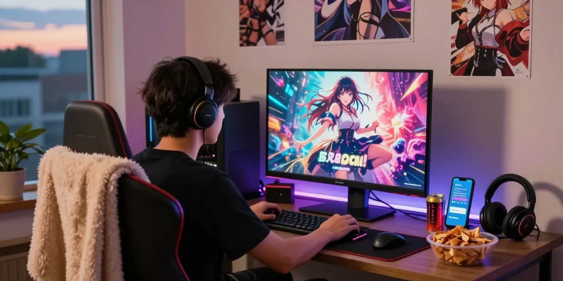 Player enjoying immersive gameplay of free hentai games in cozy twilight setting.