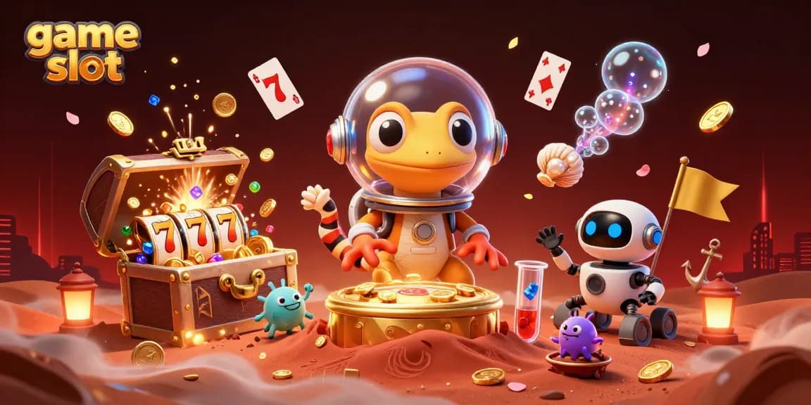 Engage with a vibrant game slot scene featuring a Martian gecko, revealing treasures and jackpots.