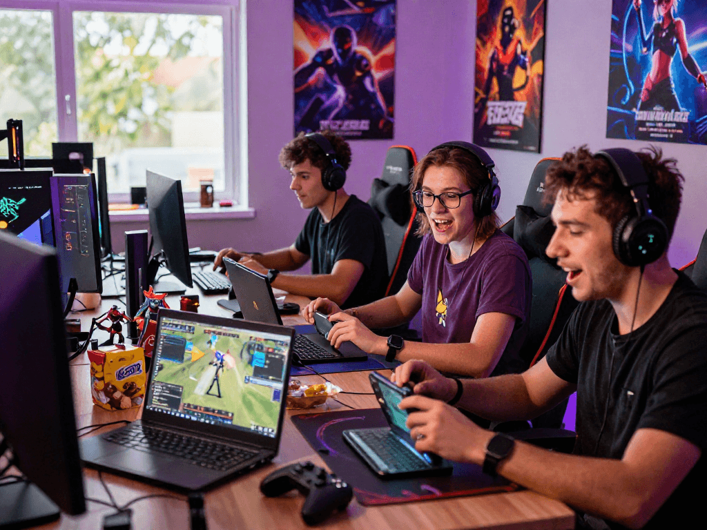 Gamers enjoying lewdspot games together on devices in a vibrant setting.