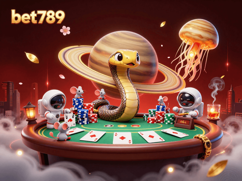 Experience bet789’s thrilling space-themed gambling scene with cartoon characters and rich casino elements.