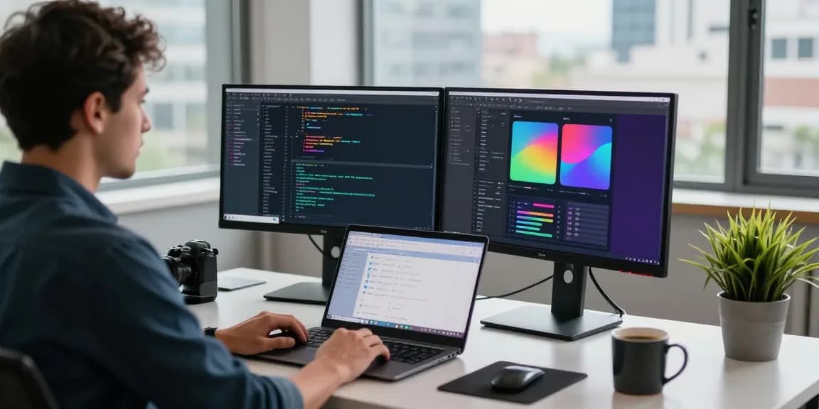 快连 application installation guide in a modern workspace featuring coding screens and tech tools