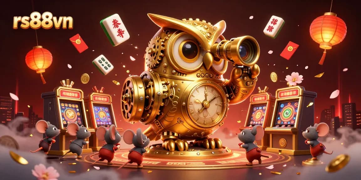 Engage in thrilling gameplay at rs88vn with a magical clockwork owl observing a dynamic casino scene featuring winning elements.