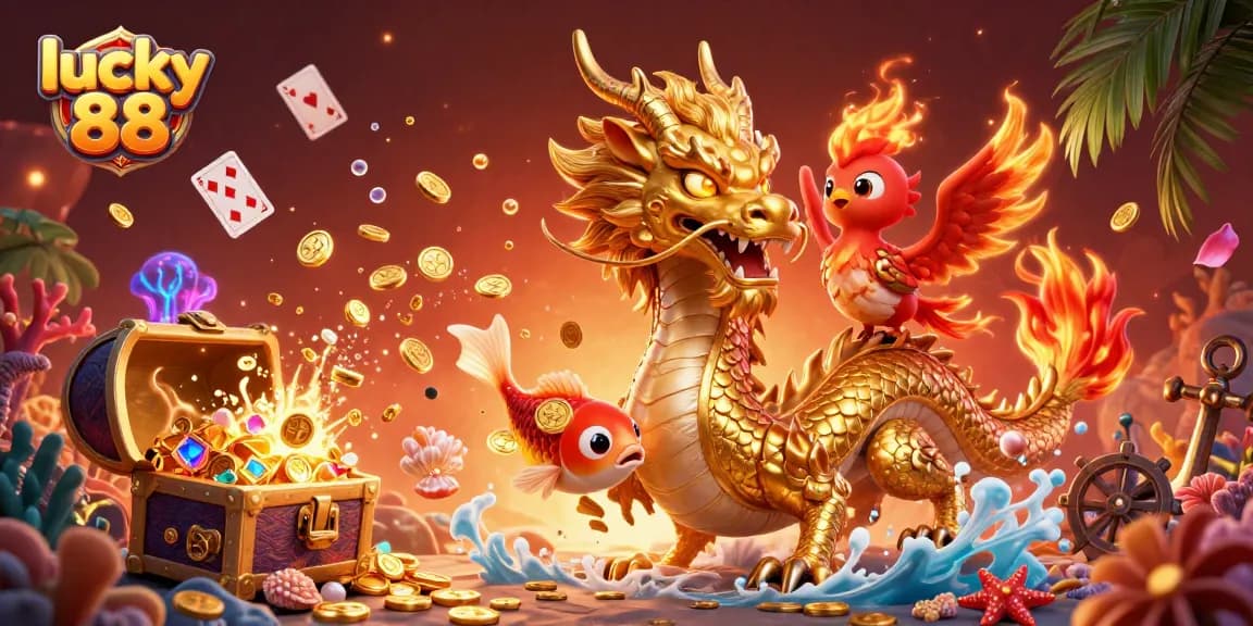 Experience excitement with Lucky 88 slot featuring golden koi, fiery phoenix, and dragon treasures.