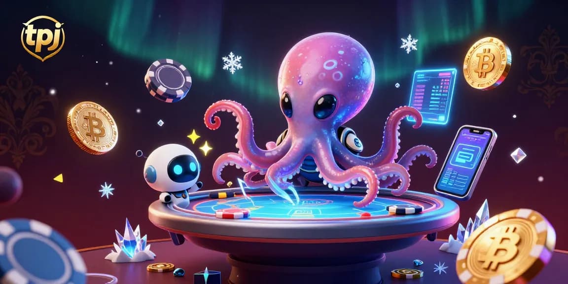 tpj alien octopus engages in exciting holographic poker game, surrounded by vibrant crypto elements.