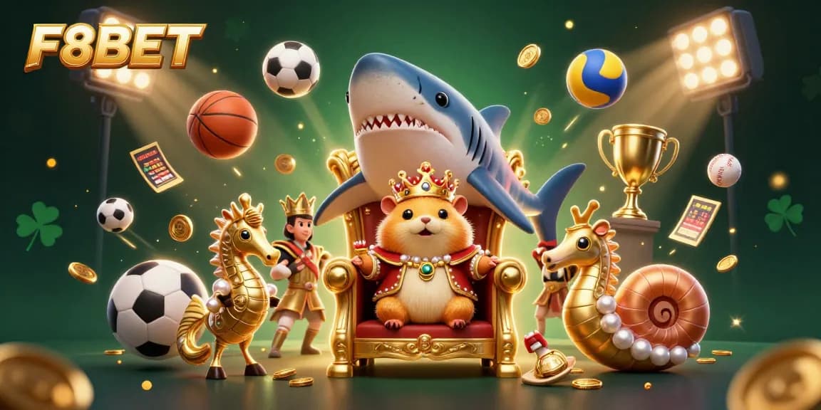 Experience the thrill of F8BET with a golden hamster king and seahorse guards in a dynamic casino scene filled with action.