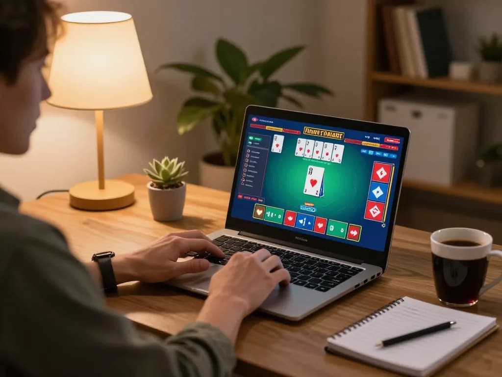 Pemain Rokok88 menikmati poker online di rumah, fokus pada strategi dan permainan