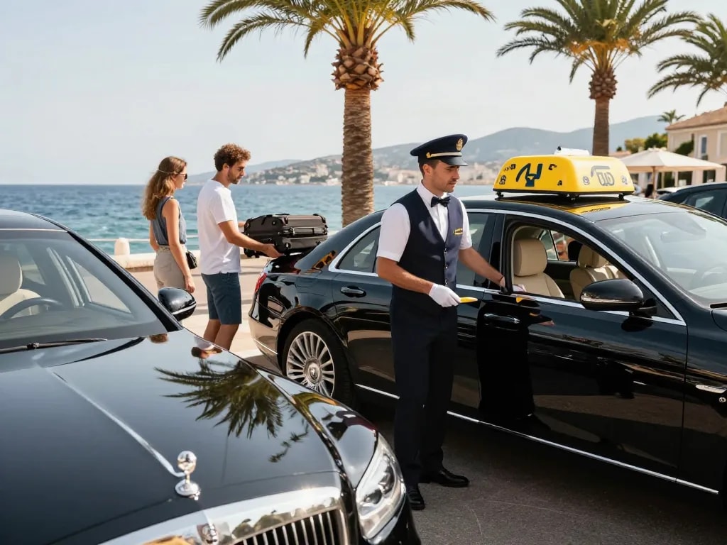 Service de taxi à Saint-Tropez avec chauffeur professionnel et véhicule de luxe au bord de l'eau.