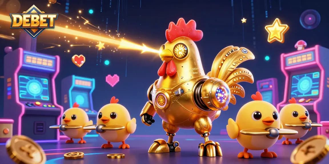 Engage in exciting games at DEBET with a vibrant 3D casino-themed illustration filled with retro characters.
