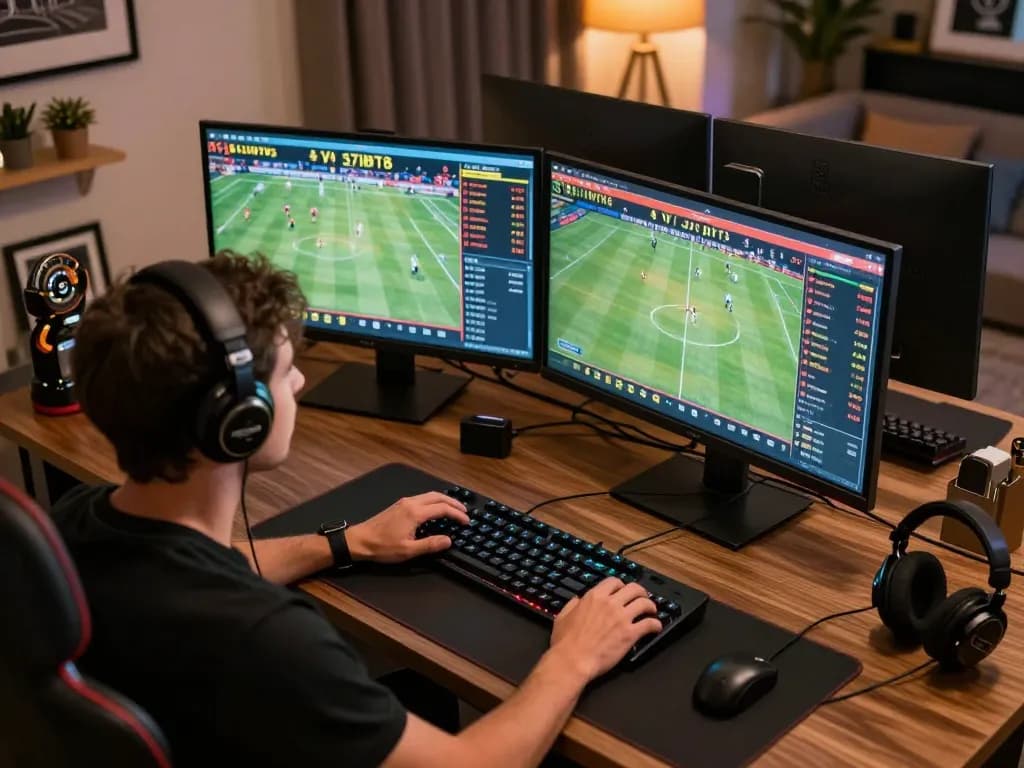 Person analyzing live sports betting odds on dual screens while engaging with 888b platform